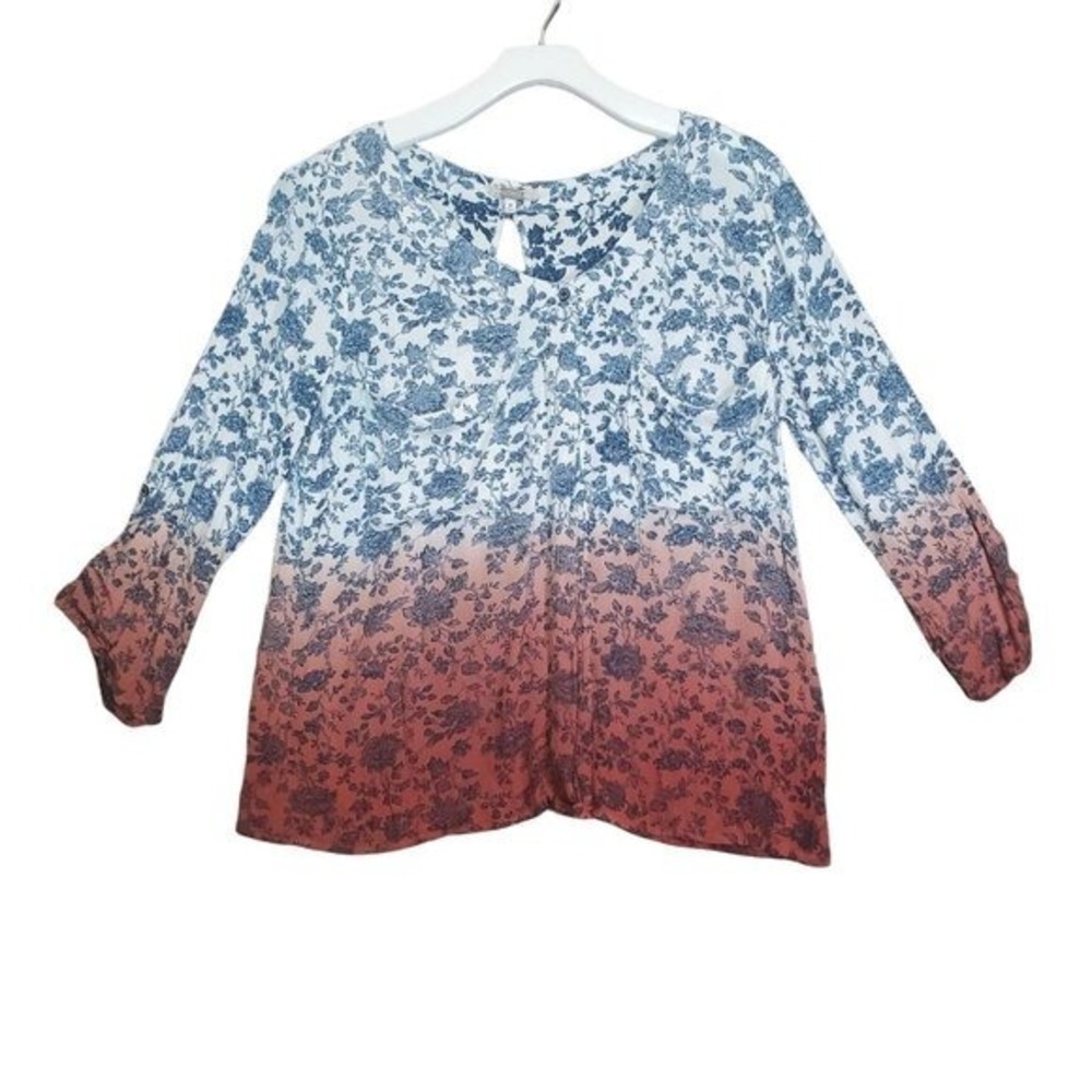 Gimmicks Womens Earthy Rustic Cottage Romantic Floral Ombre Button Up Top M Blue